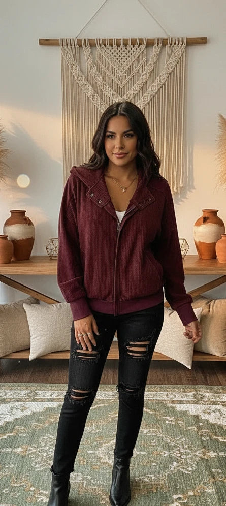 Waffle Zip Up Hooded Jacket with Pockets -Velvet Stardust Co.