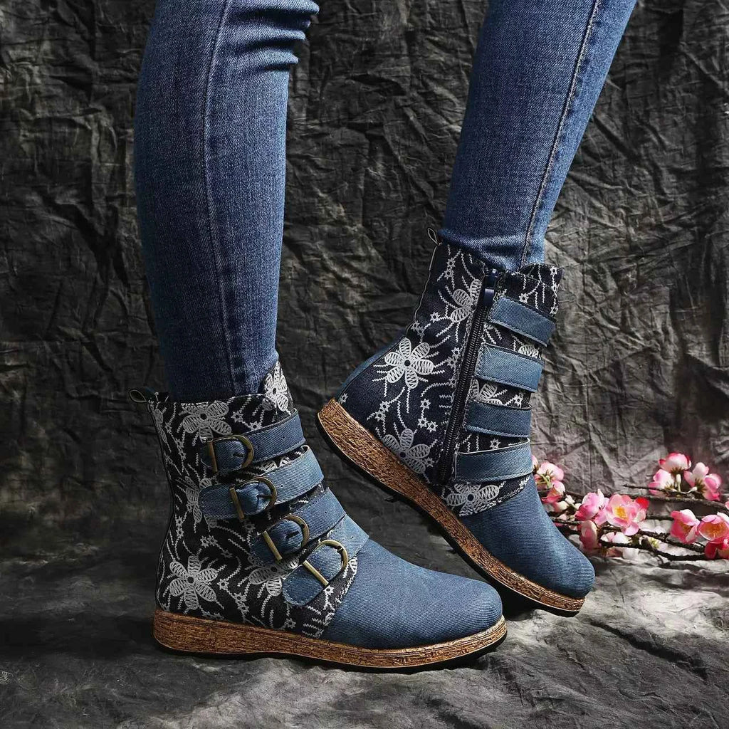 Embroidered Round Toe Boots