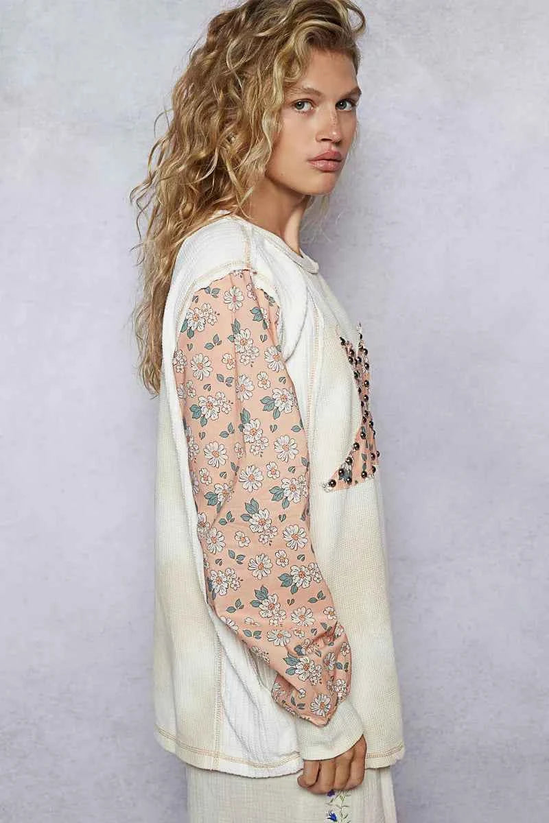 POL Exposed Seam Star Patch Thermal Top with Floral Sleeves