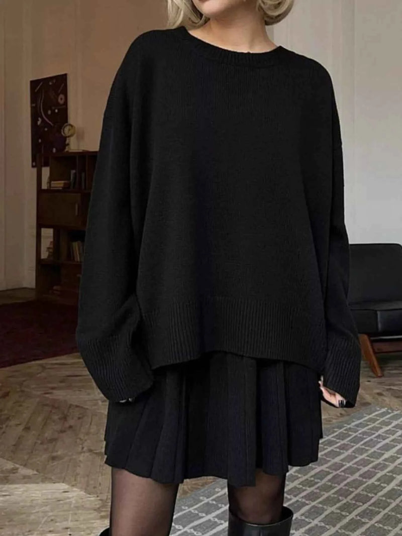 Round Neck Top and Pleated Skirt Sweater Set