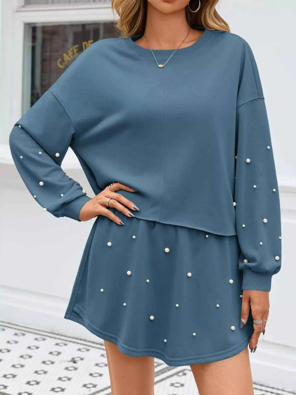Pearl Embellished Round Neck Top and Skort Set - Velvet Stardust Co.