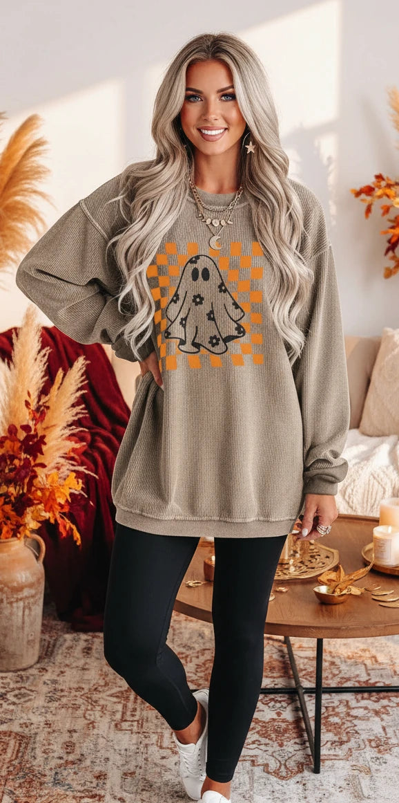 Halloween Checkerboard Floral Ghost Graphic Corded Sweatshirt - Velvet Stardust Co.