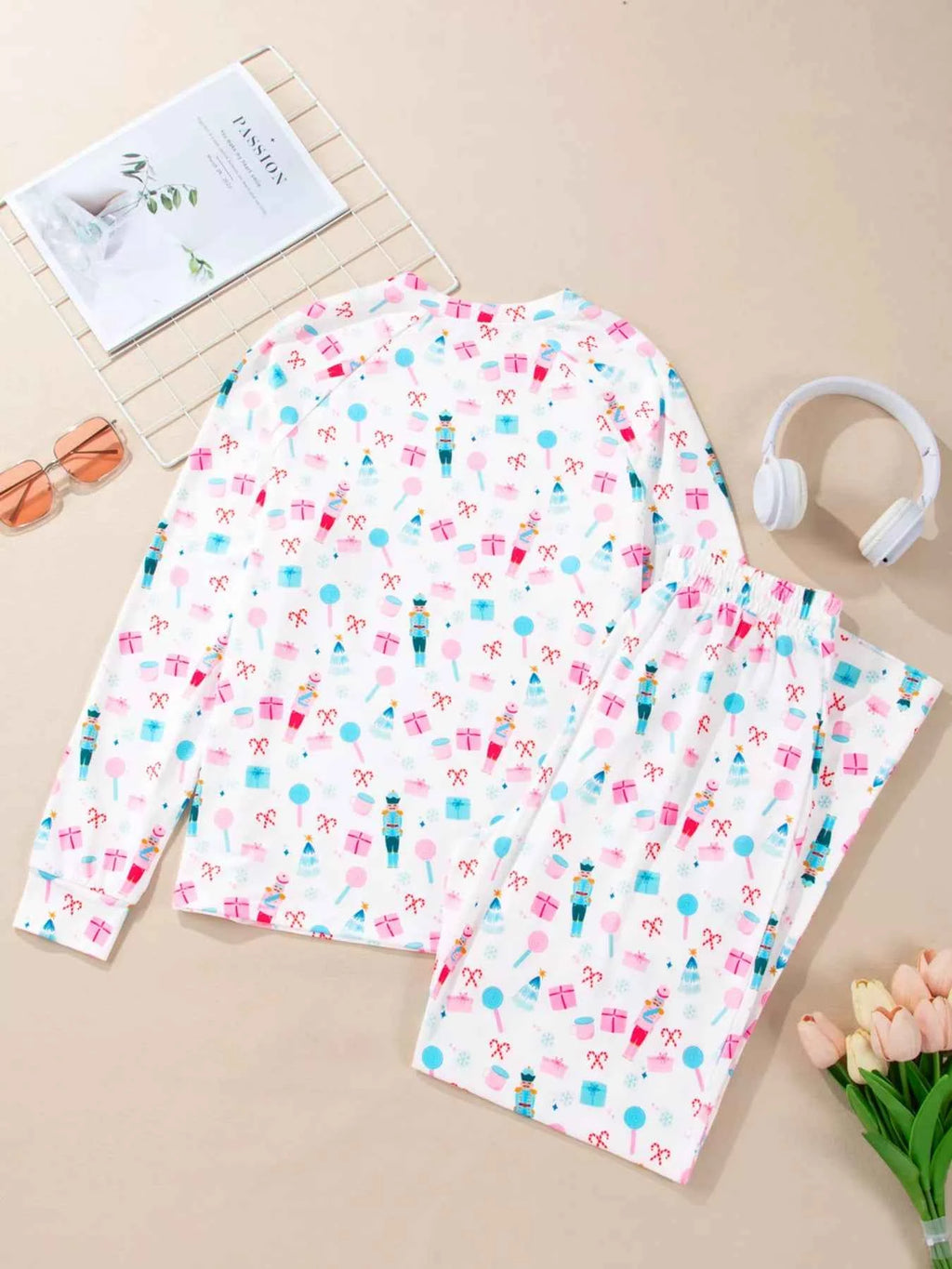 Christmas Pattern Long Sleeve Top and Wide Leg Pants Set