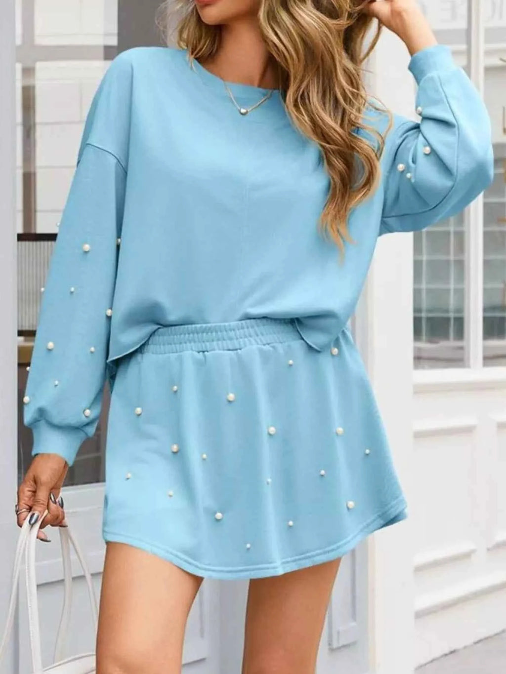Pearl Embellished Round Neck Top and Skort Set - Velvet Stardust Co.