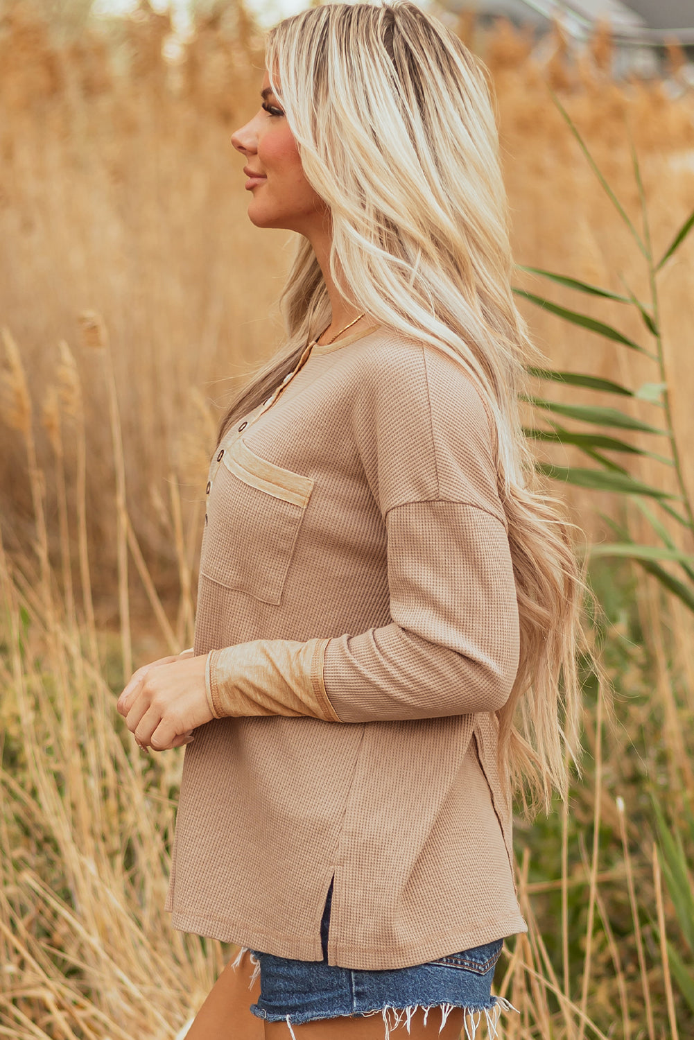 Dark Khaki Color Block Waffle Textured Tunic Henley Top with Slits - Velvet Stardust Co.