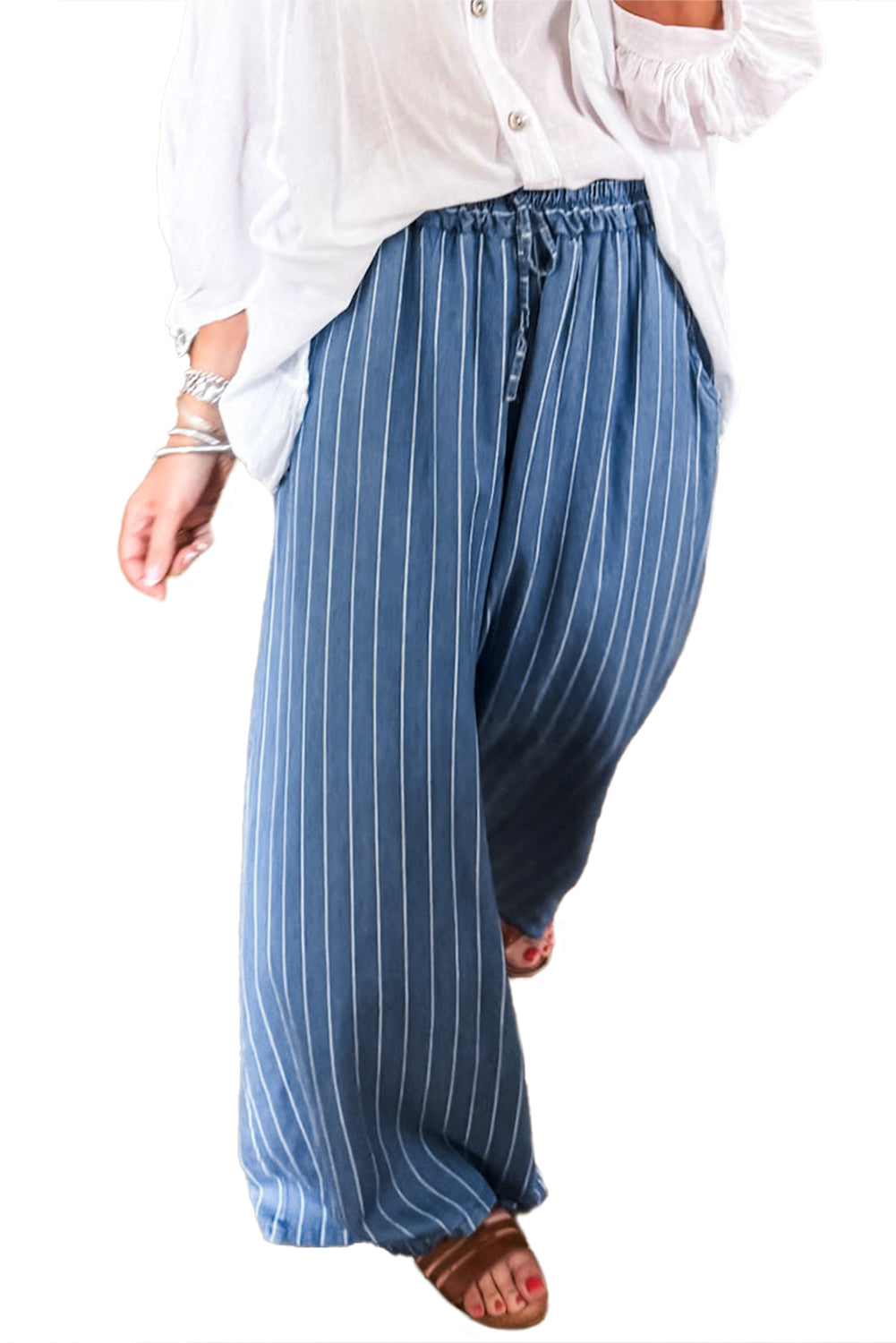 Sky Blue Stripe Chambray Wide Leg Tied Elastic Waist Trousers - Velvet Stardust Co.
