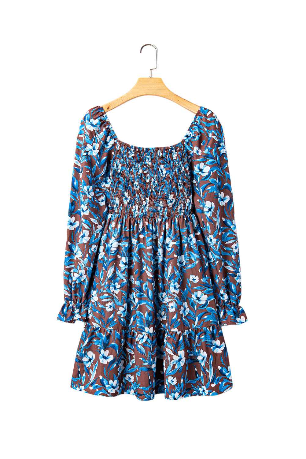 Blue Smocked Bodice High Waist Ruffled Sleeve Floral Dress - Velvet Stardust Co.