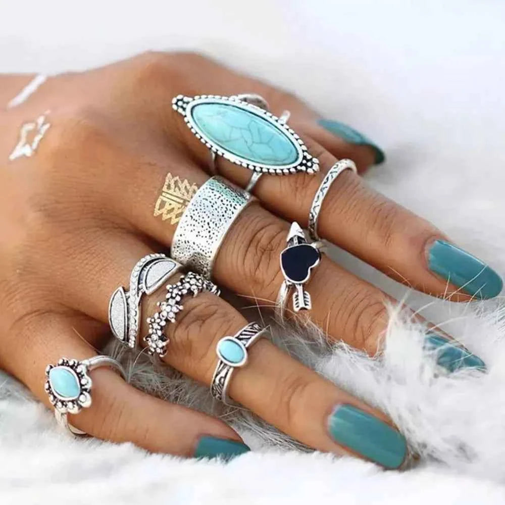 Turquoise Alloy 8-Piece Ring Set - Velvet Stardust Co.