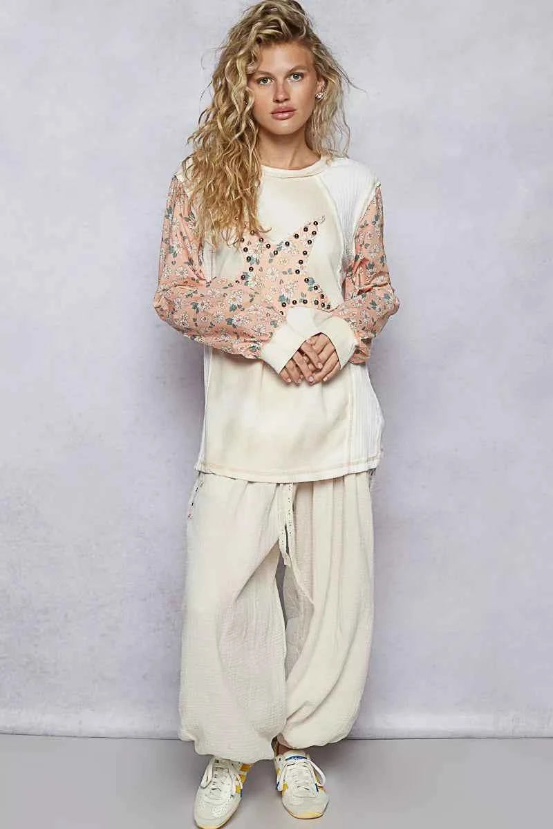POL Exposed Seam Star Patch Thermal Top with Floral Sleeves