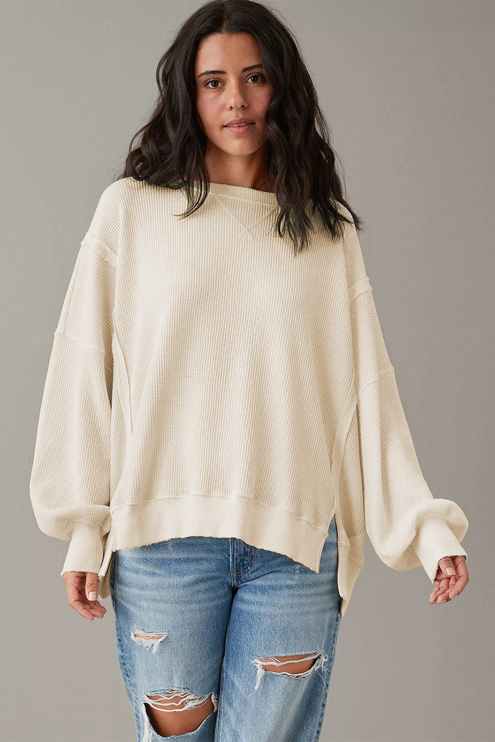 White Waffle knit Bishop Sleeve Split Oversized Top - Velvet Stardust Co.
