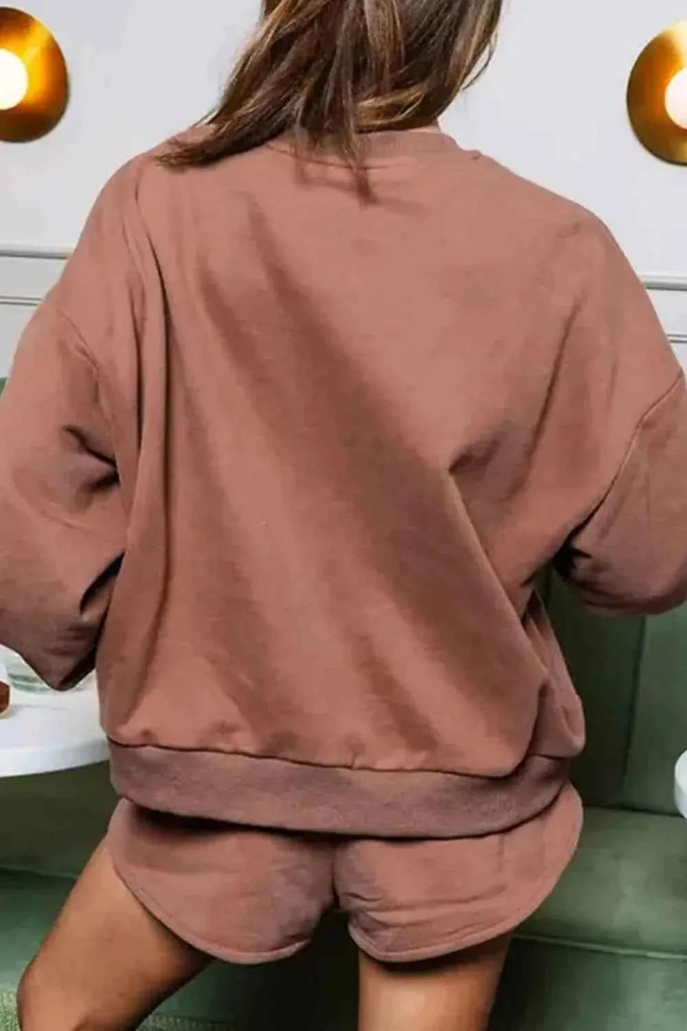 COFFEE Sequin Round Neck Long Sleeve Top and Shorts Set - Velvet Stardust Co.