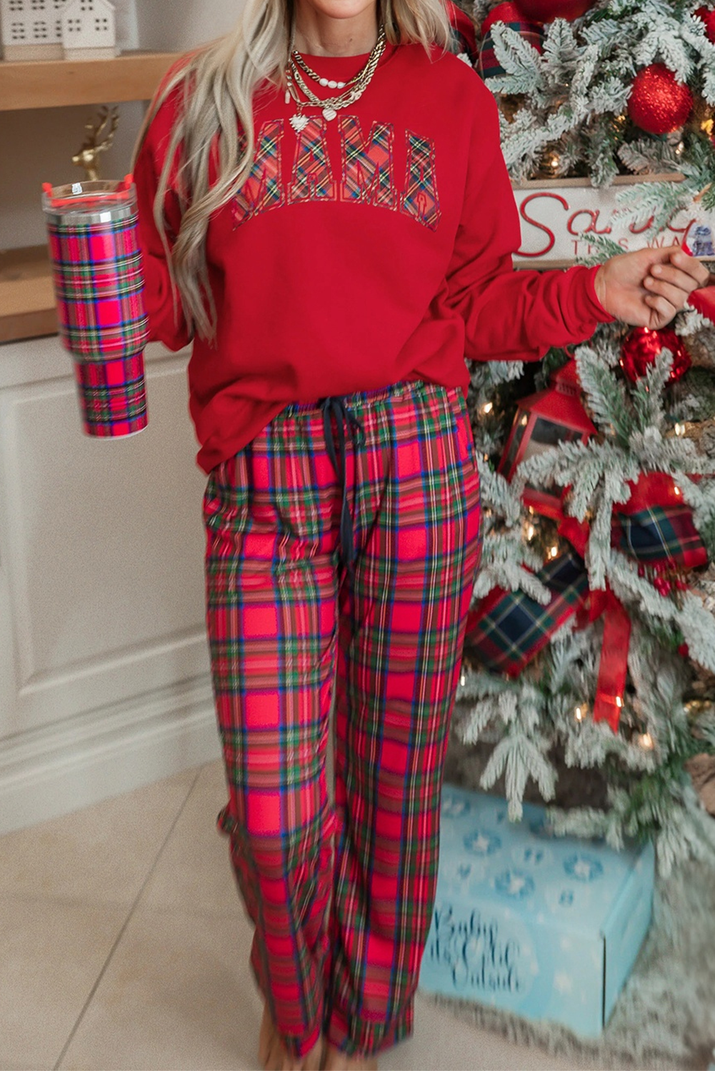 Red Plaid MAMA Graphic Christmas Holiday Crewneck Pullover and Pants Lounge Set - Velvet Stardust Co.