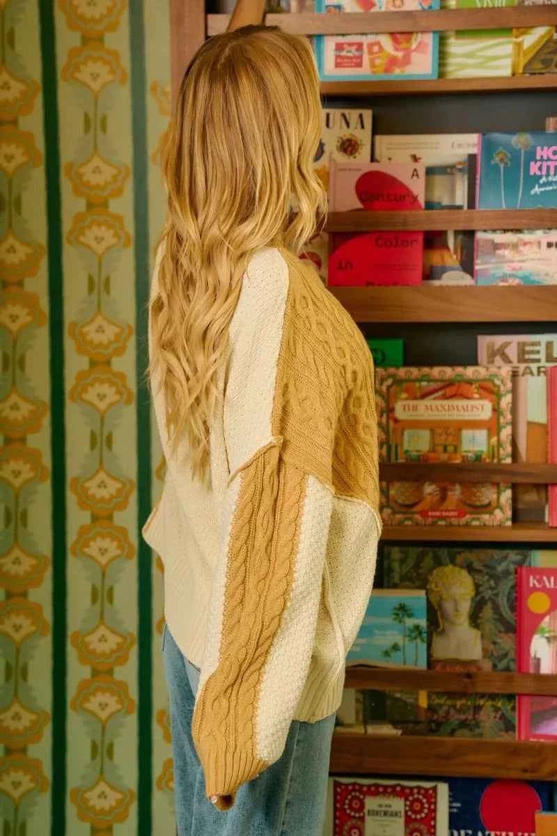 BiBi Cable Knit With Hacci Combo Sweater With Uneven Hem Detail - Velvet Stardust Co.