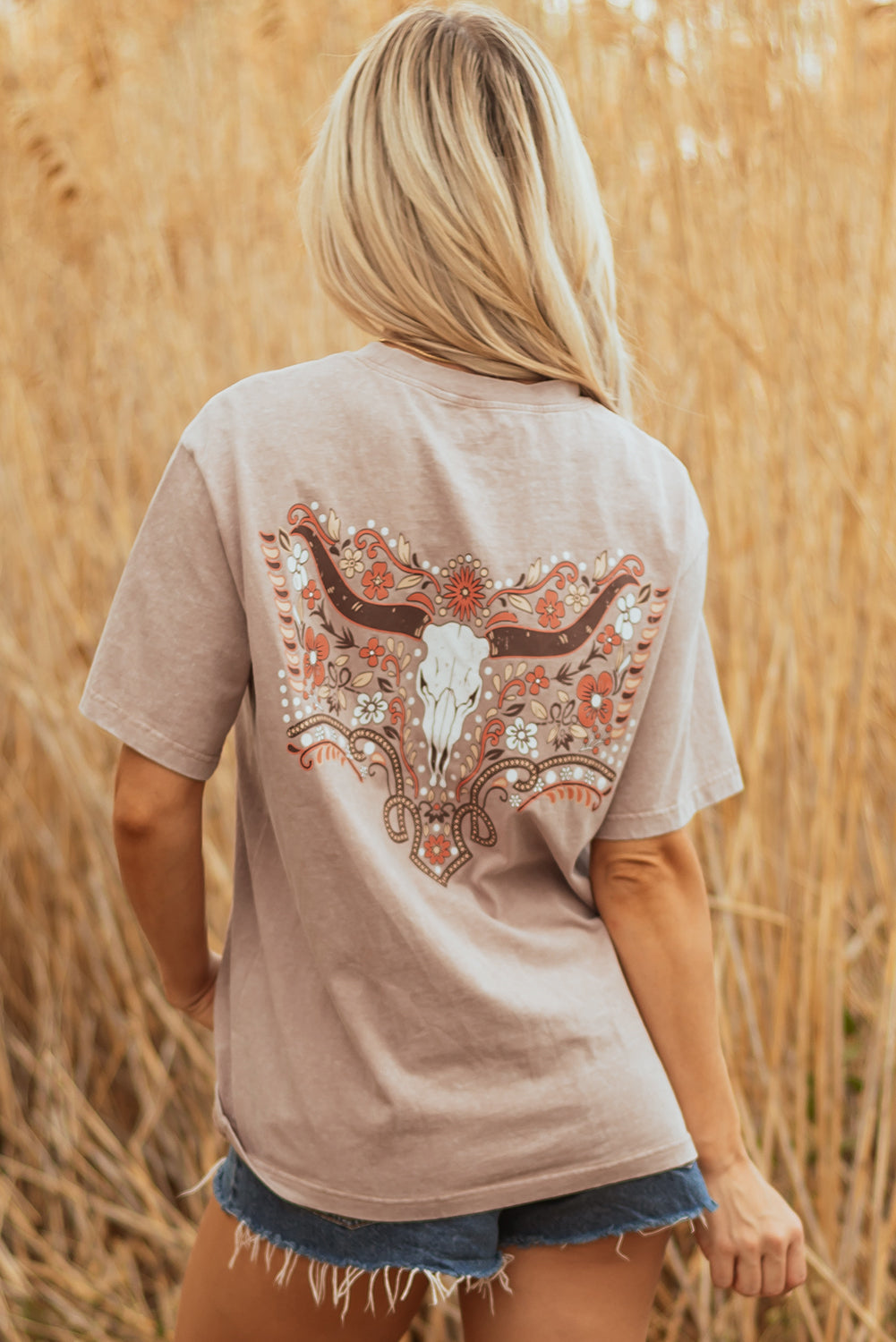 Smoke Gray Mineral Wash Floral Steer Head Printed Back Western Fashion Tee - Velvet Stardust Co. - Velvet Stardust Co.
