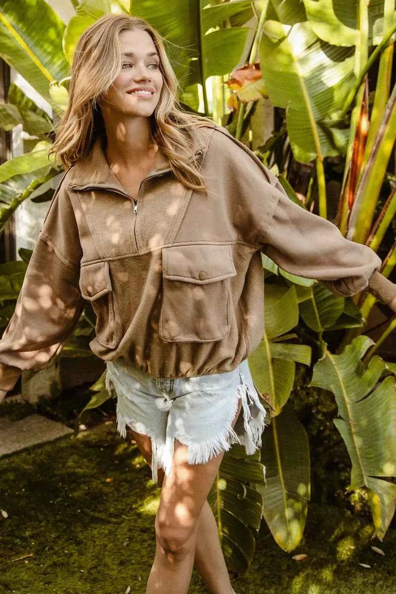 BiBi Half Zip Vintage Washed Fleece Pullover - Velvet Stardust Co.