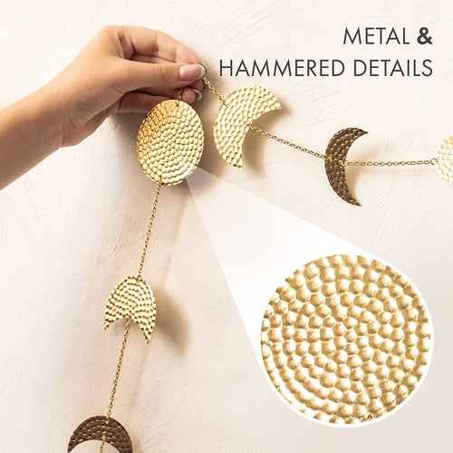 Moon Phase Wall Decor Hanging Garland 7 Gold Hammered Metal Boho - Velvet Stardust Co.
