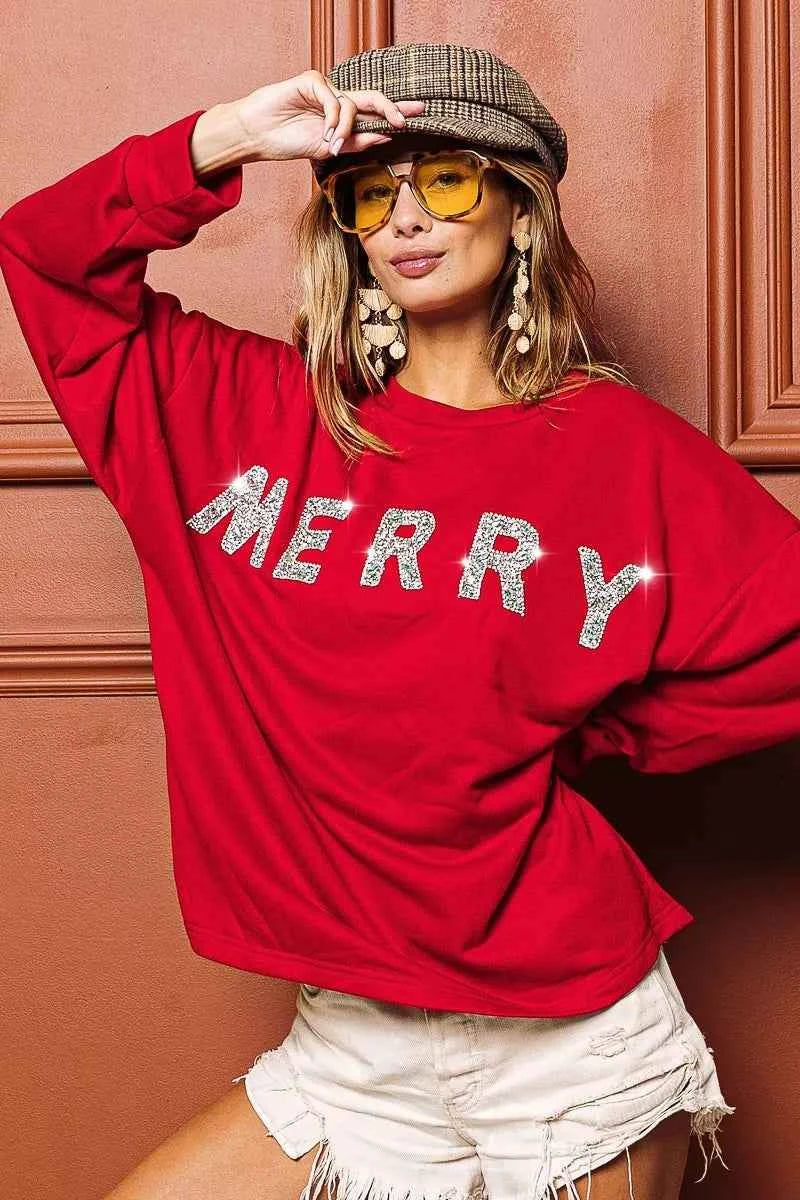 BiBi Merry Glitter Christmas Drop Shoulder Top - Velvet Stardust Co.