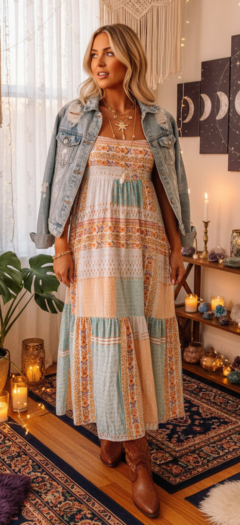 Multicolor Boho Patchwork Print Square Neck Sundress - Velvet Stardust Co.