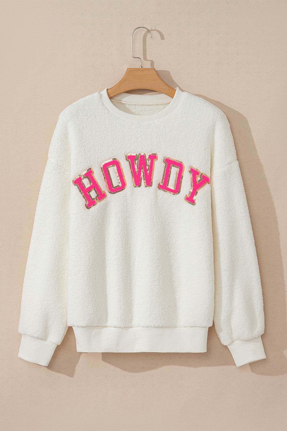 Beige Sherpa HOWDY Patched Pullover Sweatshirt - Velvet Stardust Co.
