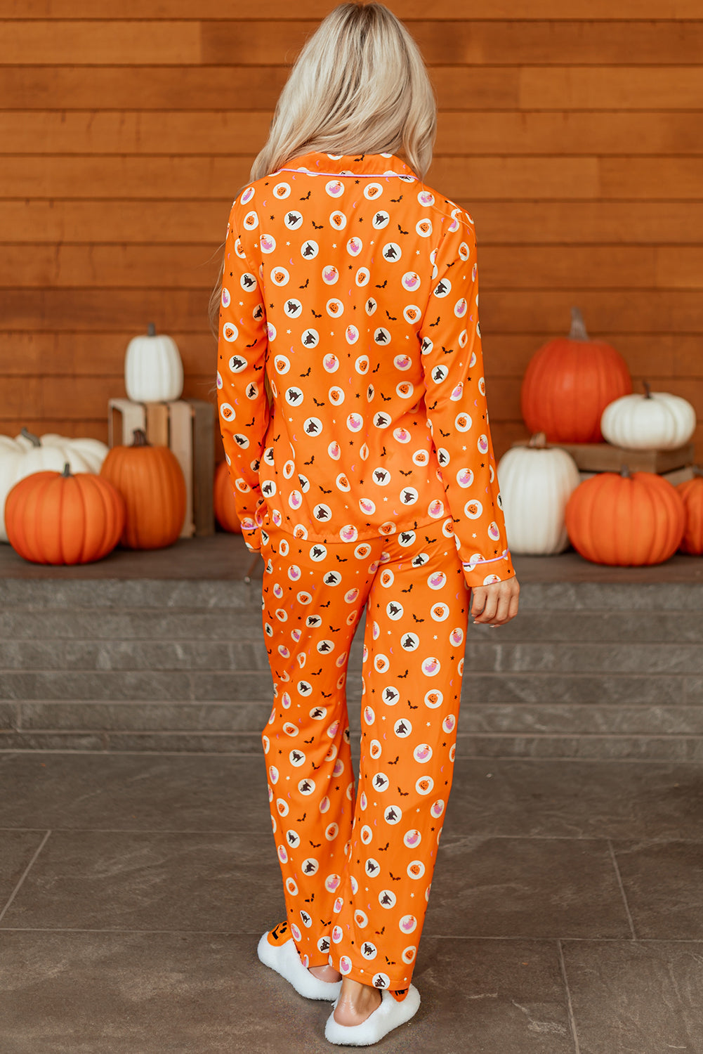 Orange Halloween Print Lapel Shirt Long 2pcs Pajama Set - Velvet Stardust Co.
