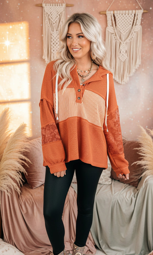 Cinnamon Striped Waffle Patchwork Drawstring Hooded Long Sleeve Top - Velvet Stardust Co.