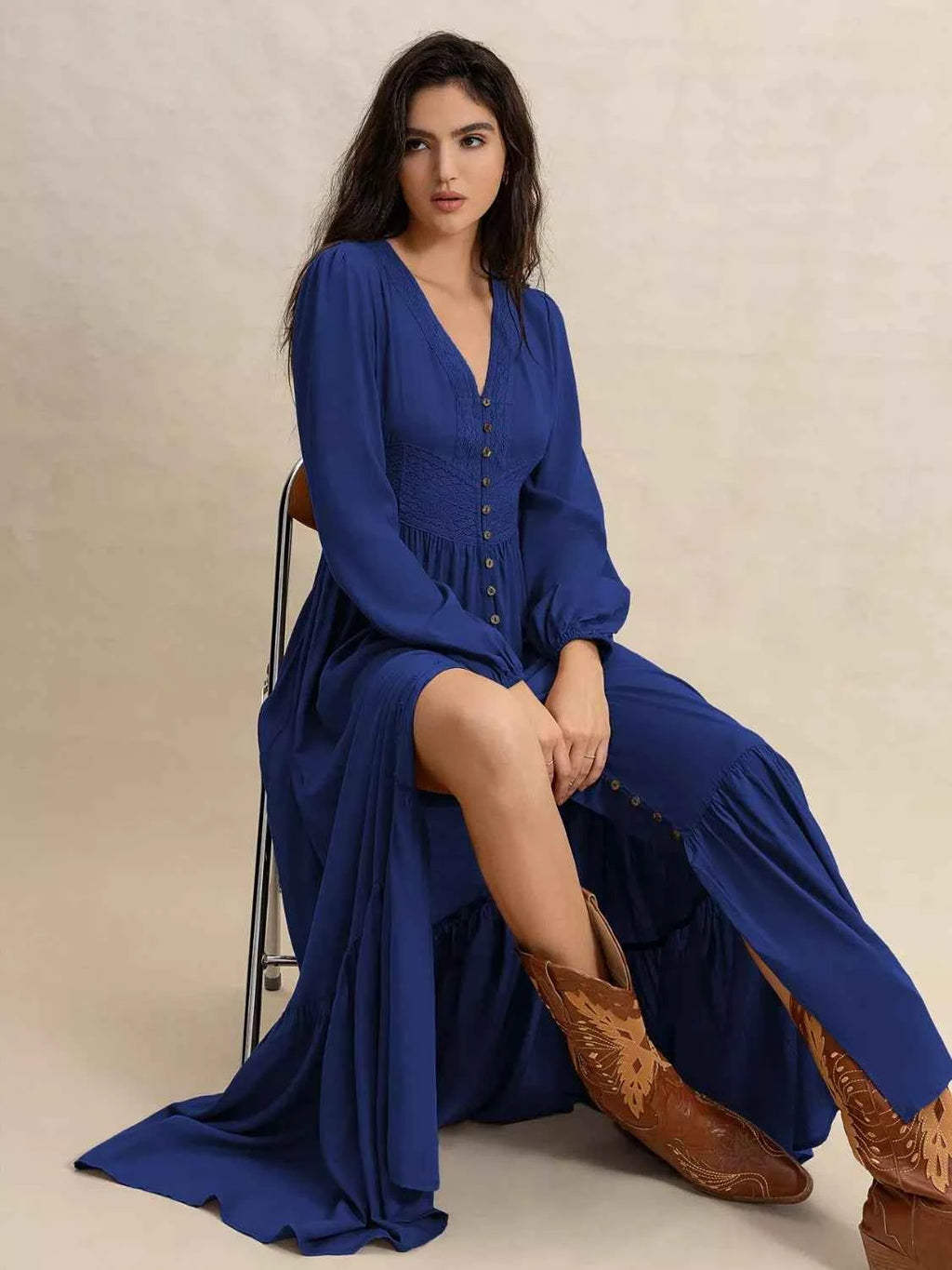 Long Sleeve Button-Front Maxi Dress -Velvet Stardust Co. - Velvet Stardust Co.
