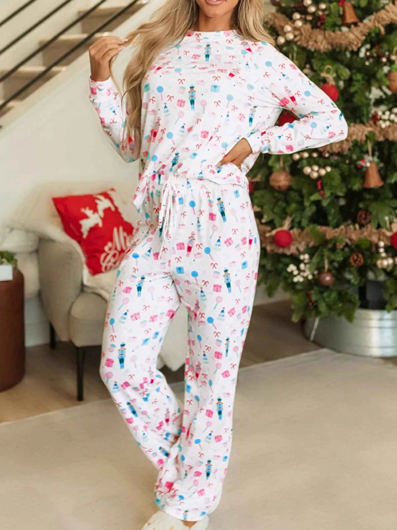 Christmas Pattern Long Sleeve Top and Wide Leg Pants Set