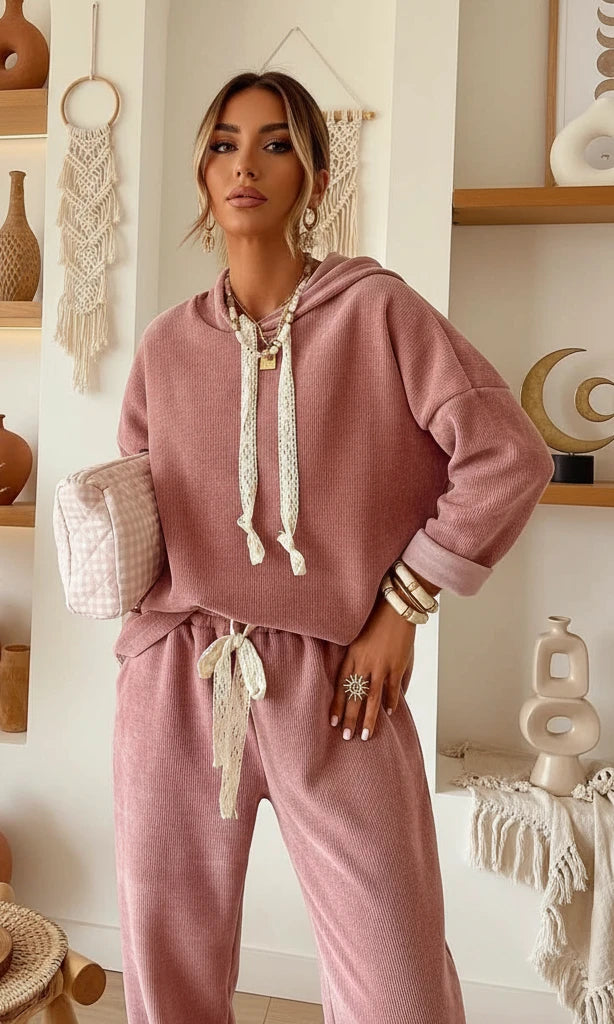 Lace Detail Dropped Shoulder Hoodie and Pants Set - Velvet Stardust Co.