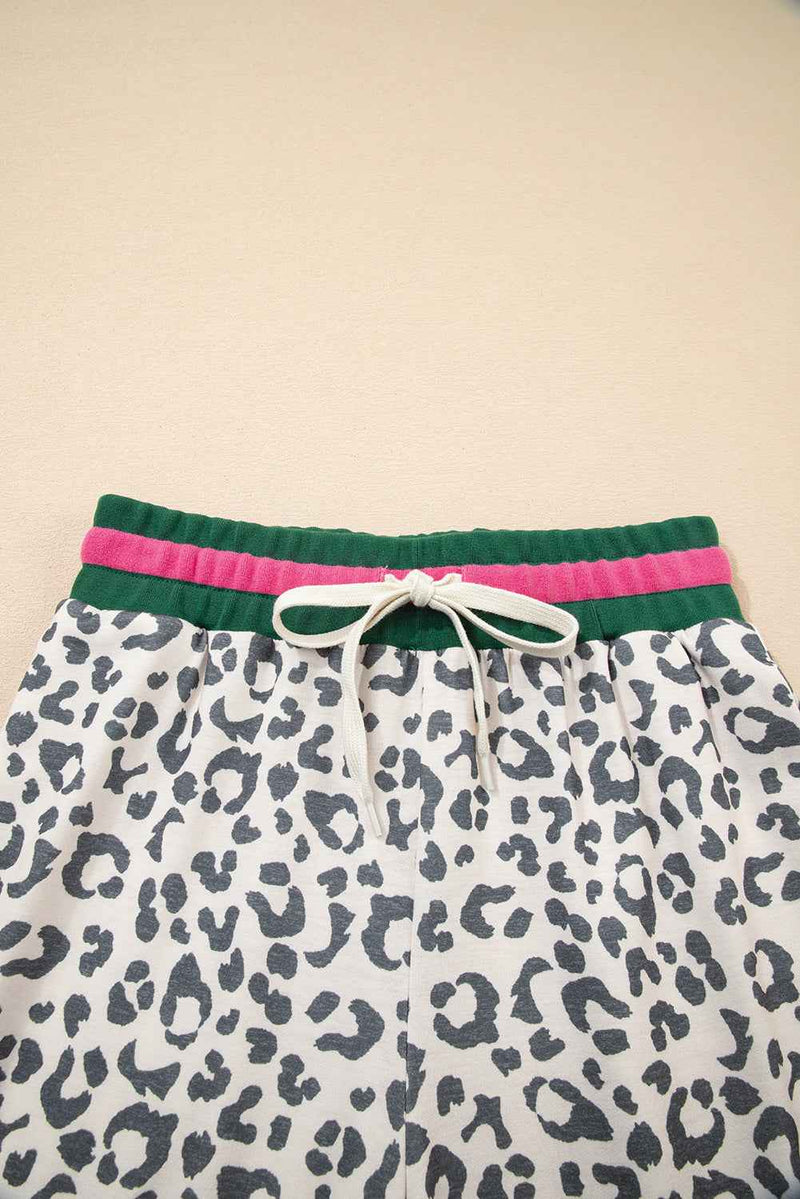 Gray Leopard Contrast Trim Long Sleeve Pullover and Pants Set