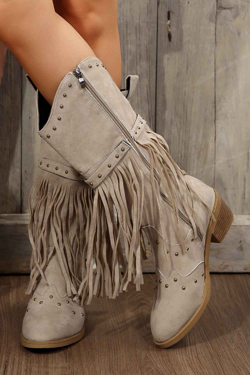 Jet Stream Faux Suede Studded Fringe Trim Heel Boots - Velvet Stardust Co.