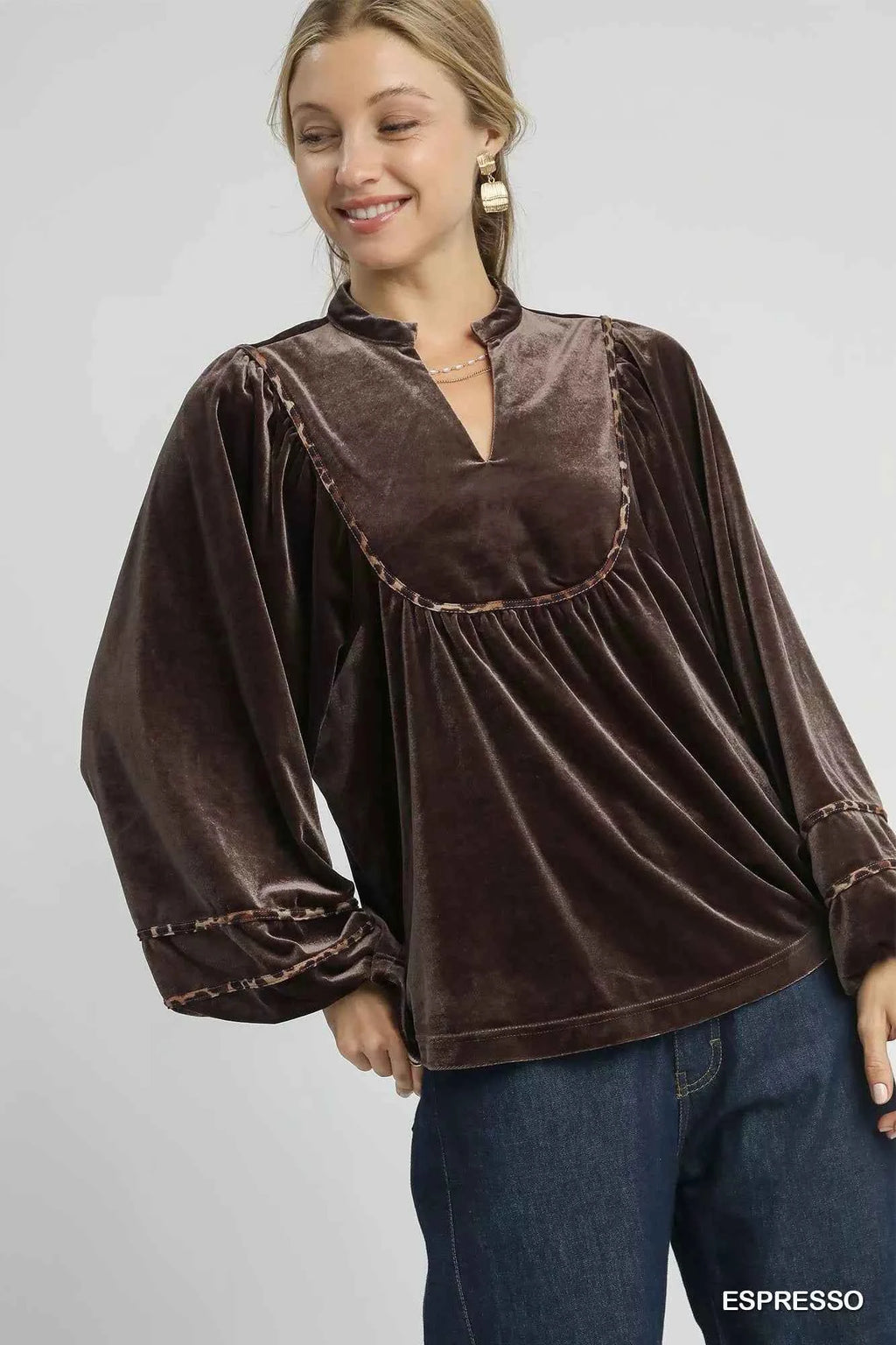 Umgee Velvet Long Sleeve Blouse with Contrast Trim - Velvet Stardust Co.
