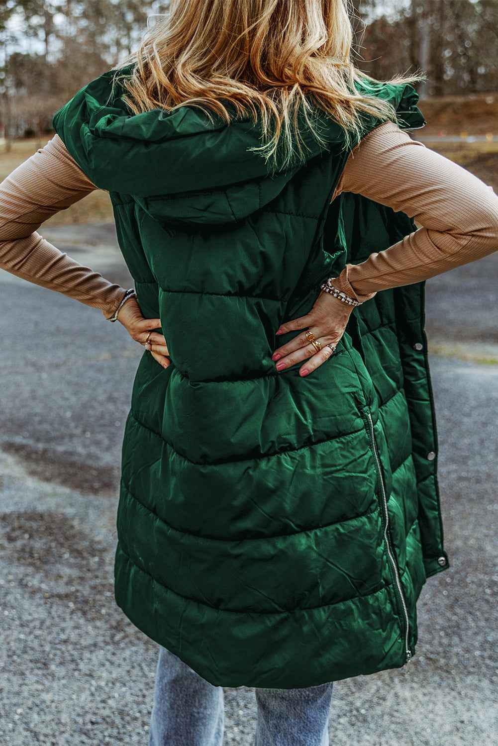 Green Hooded Pocketed Quilted Long Vest Coat - Velvet Stardust Co.
