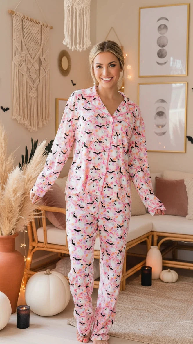 Halloween Ghost Print Button Up Top and Pants Lounge Set - Velvet Stardust Co.