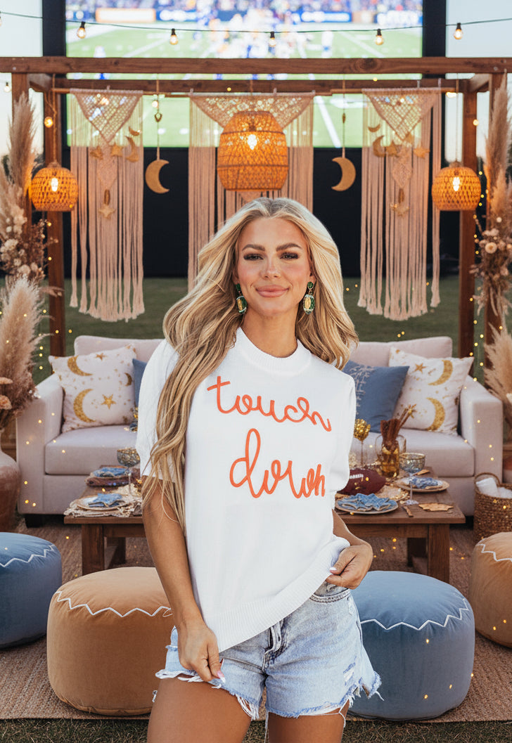 White Touchdown Tinsel Puff Short Sleeve Crew Neck Sweater - Velvet Stardust Co.