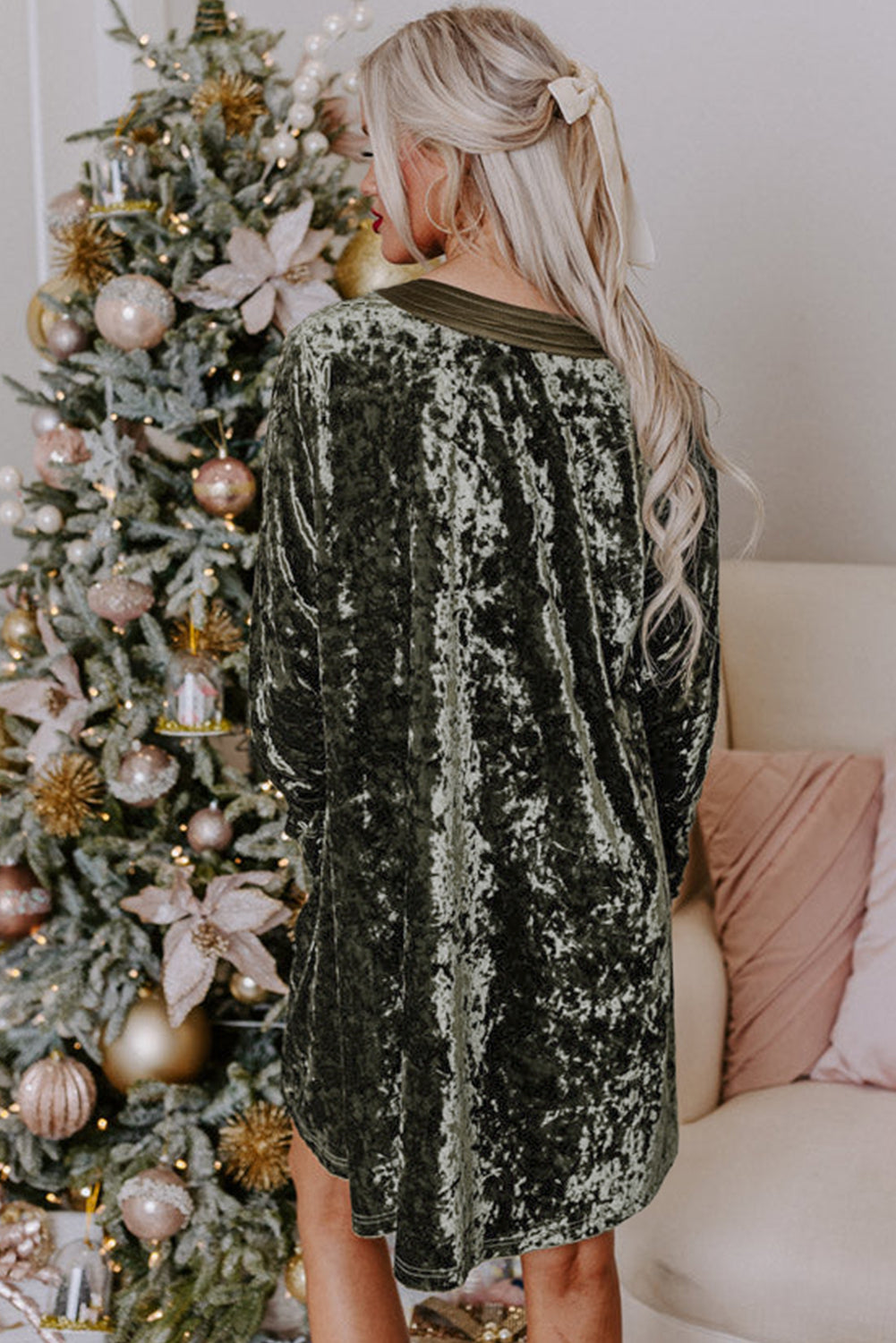 Jungle Green Velvet Long Sleeve V Neck Loose Dress with Pockets - Velvet Stardust Co.