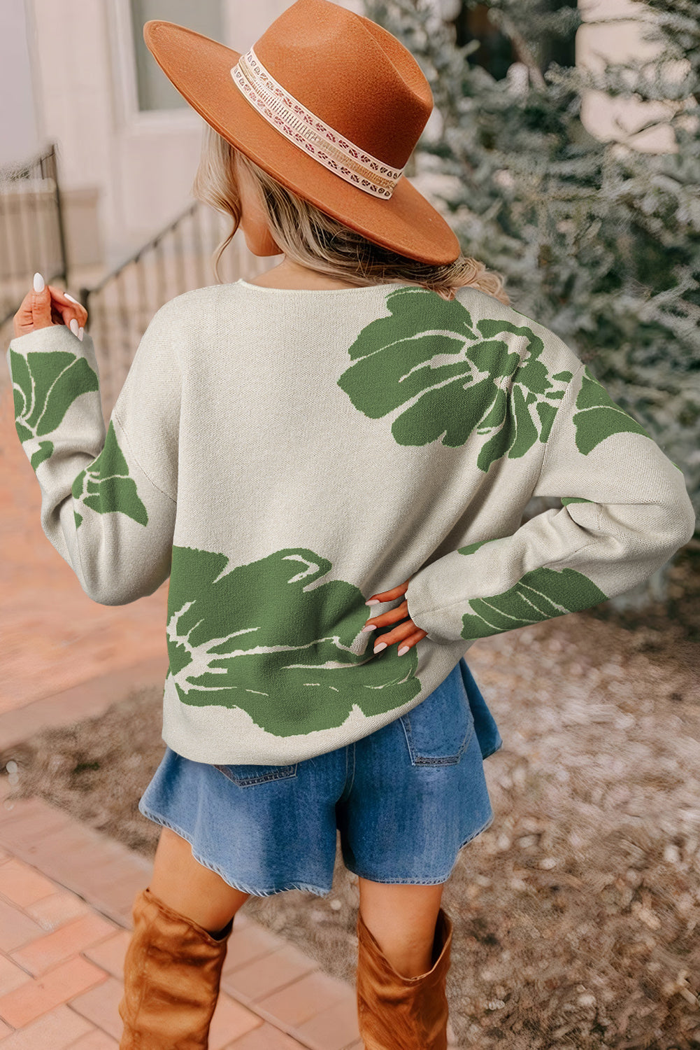 Beige Flower Pattern Drop Sleeve Baggy Sweater - Velvet Stardust Co.