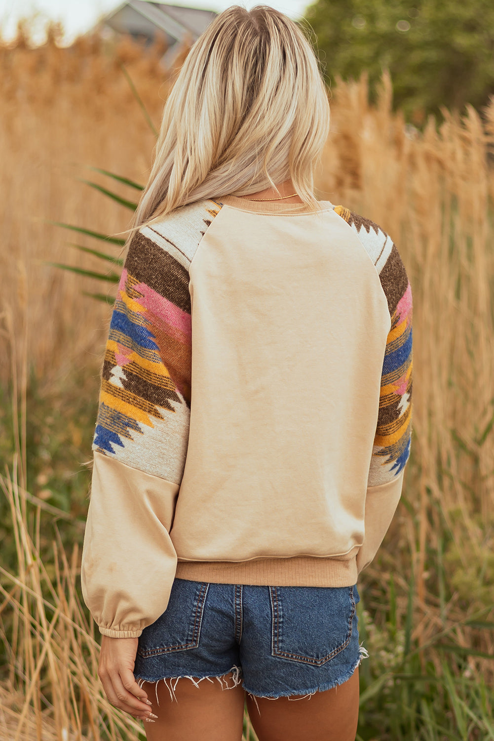 Light French Beige Aztec Patchwork Raglan Pullover Sweatshirt - Velvet Stardust Co.