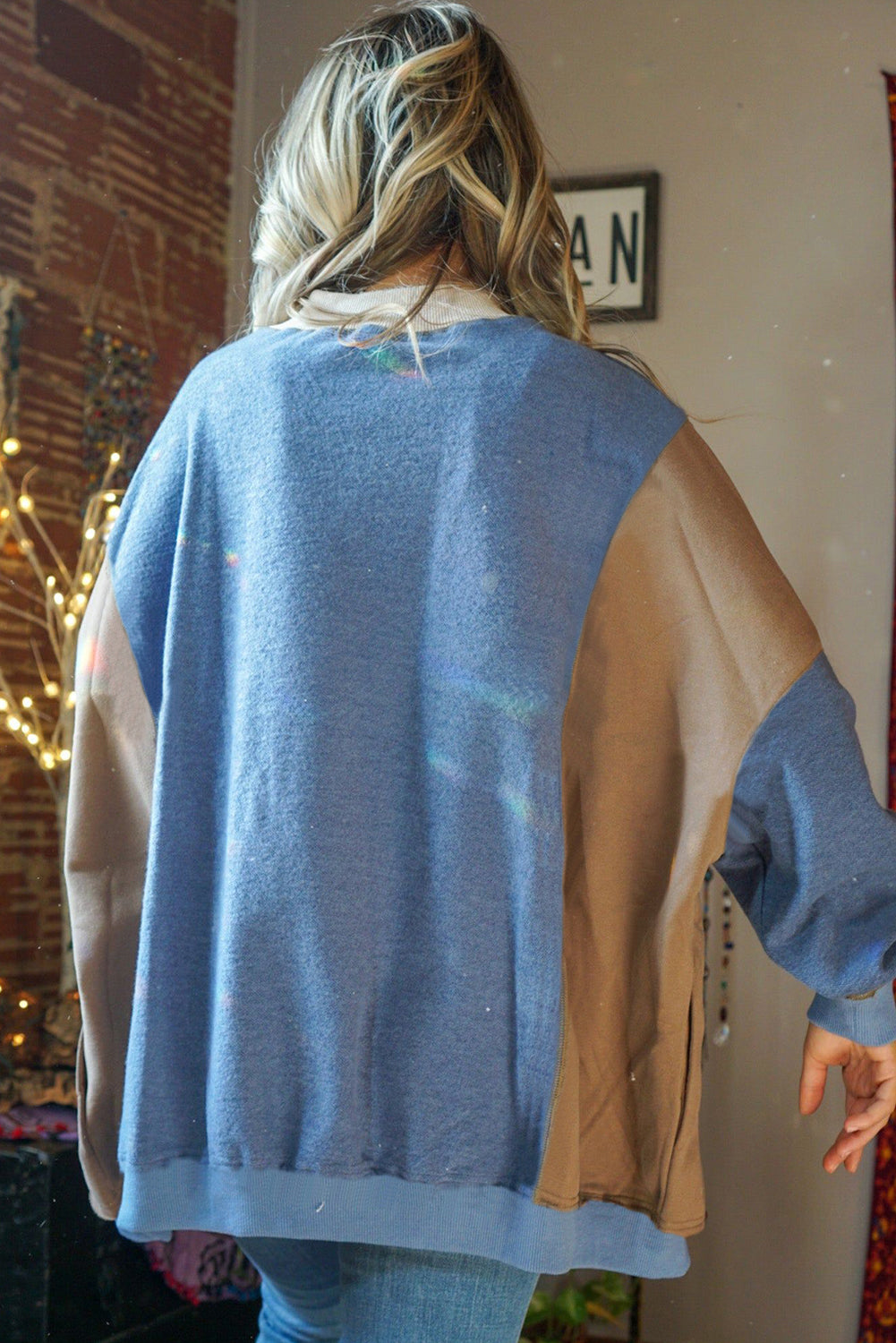 Sky Blue Ribbed Detail Color Block Sleeve Baggy Sweatshirt - Velvet Stardust Co.