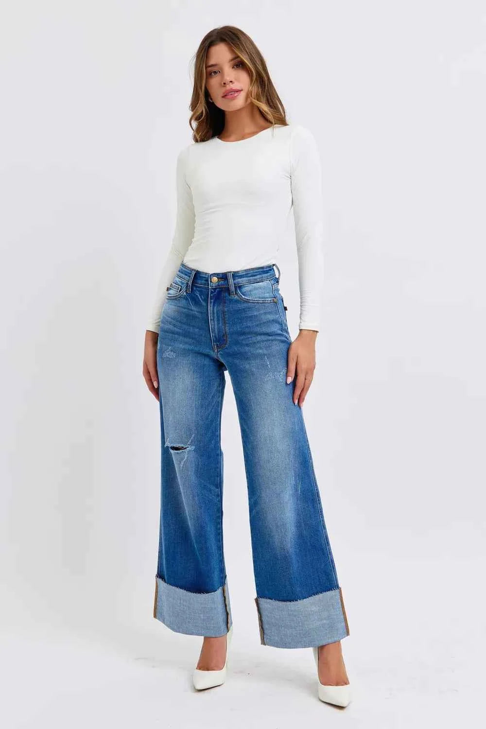 Judy Blue Full Size Wide Leg Jeans with Distressing – Velvet Stardust Co. - Velvet Stardust Co.