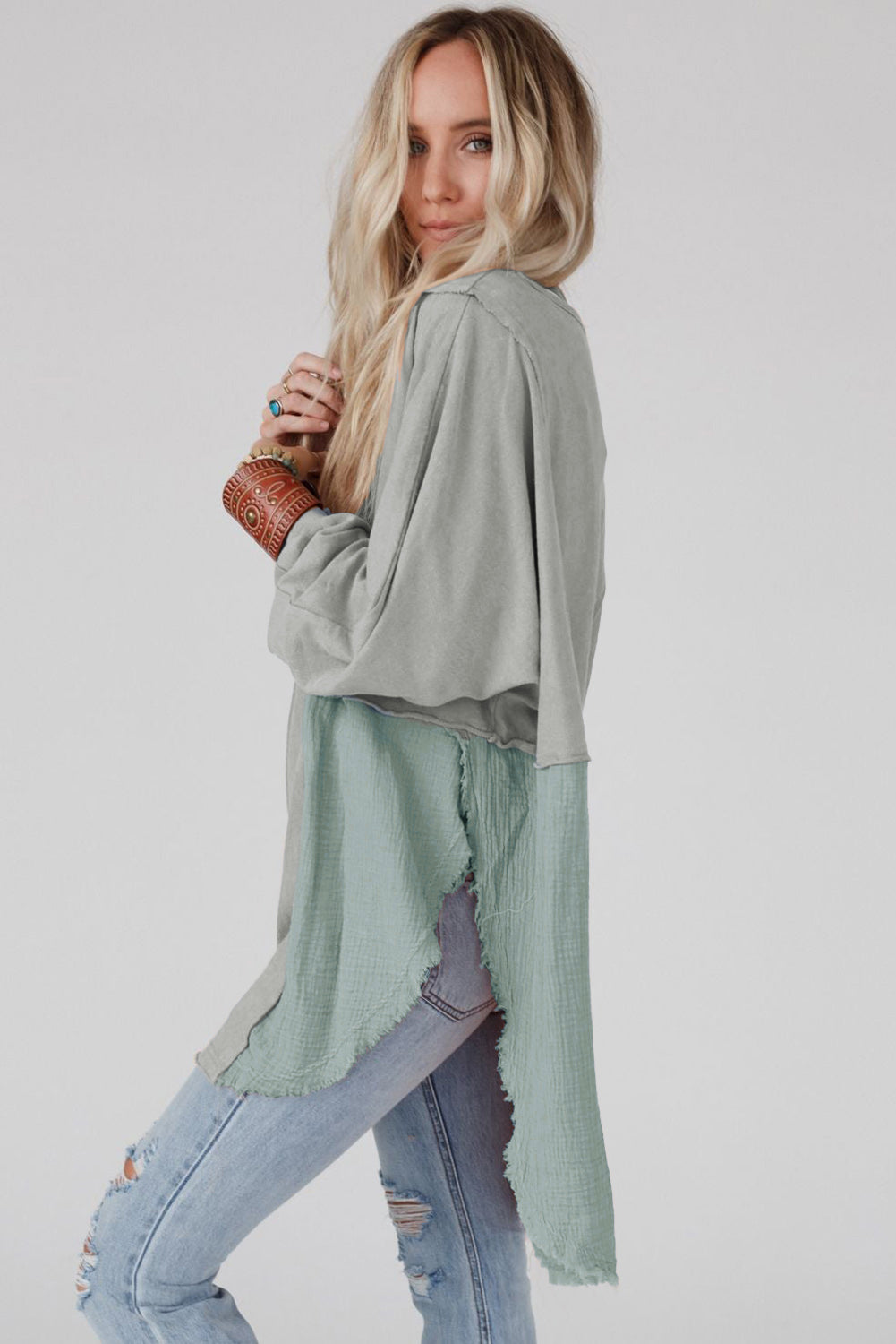 Grey Crinkle Splicing Raw Hem High Low Oversized Blouse - Velvet Stardust Co.