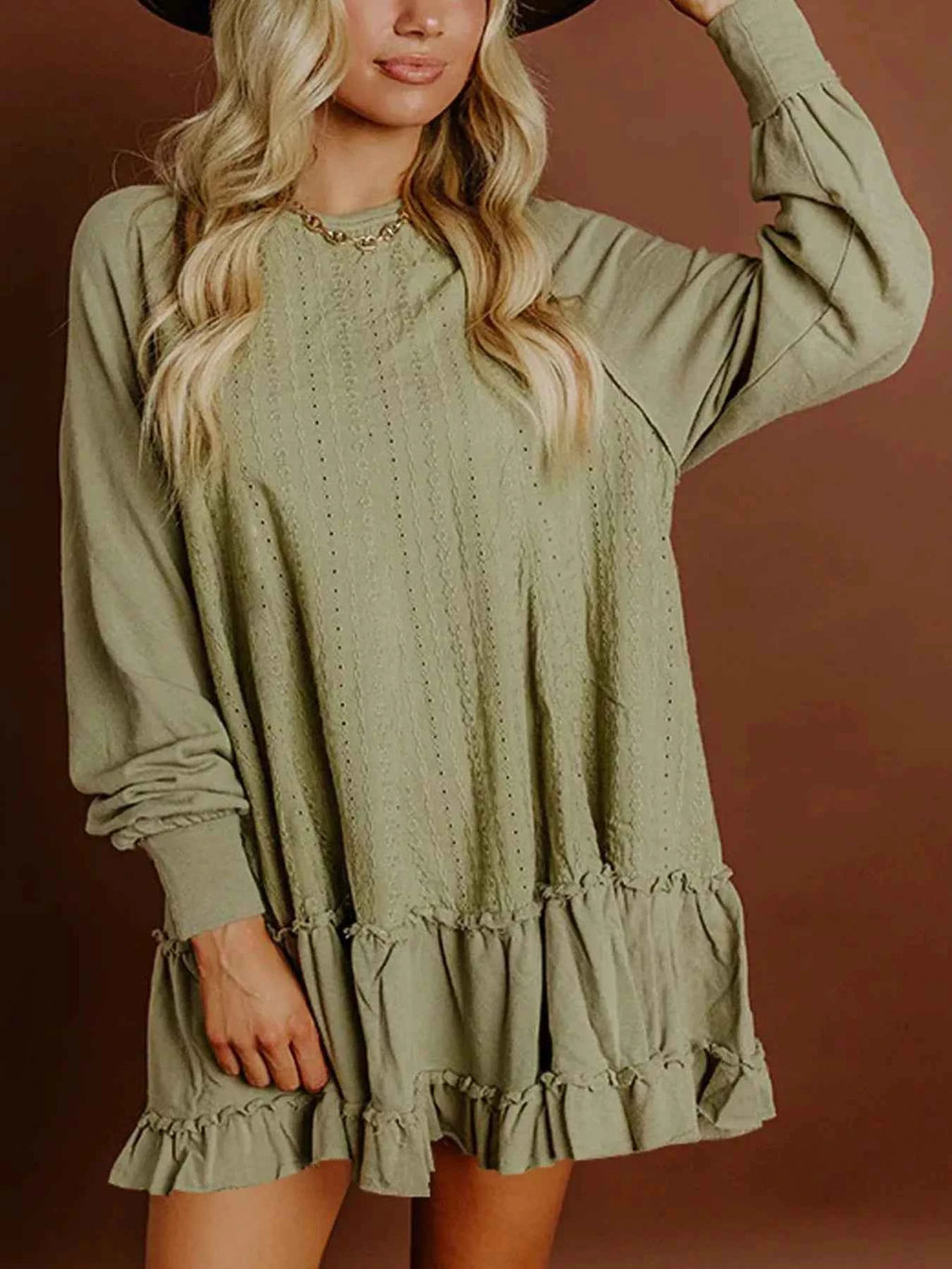 Frill Round Neck Long Sleeve Mini Dress