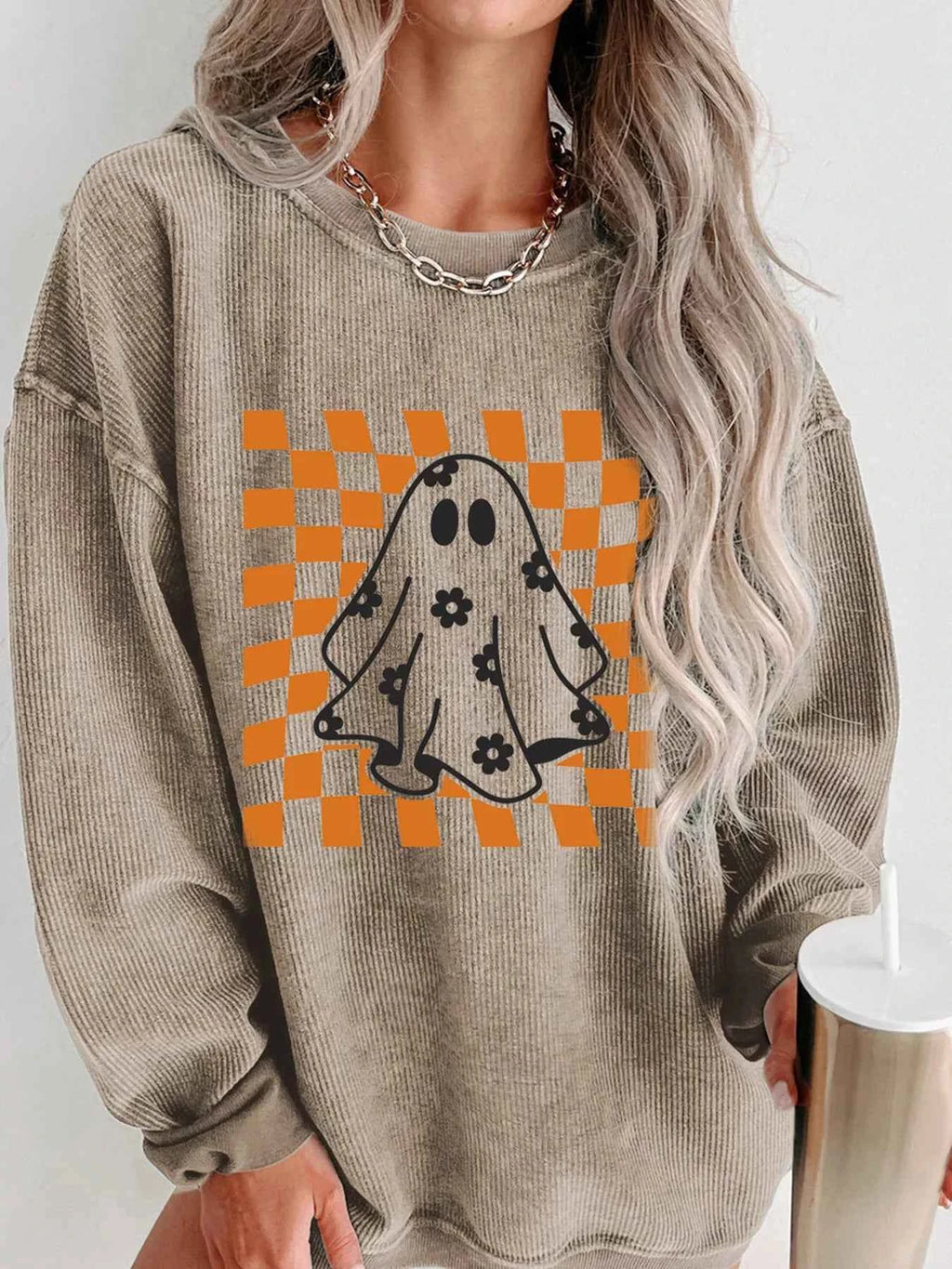 Halloween Checkerboard Floral Ghost Graphic Corded Sweatshirt - Velvet Stardust Co.