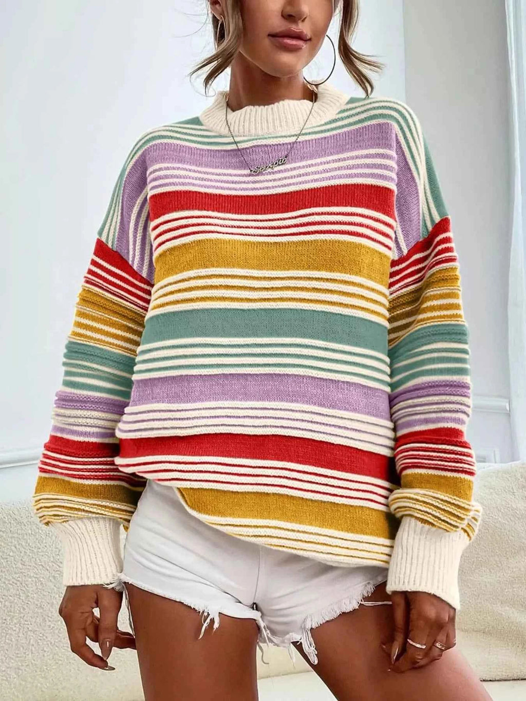 Rainbow Striped Drop Shoulder Oversized Sweater - Velvet Stardust Co.