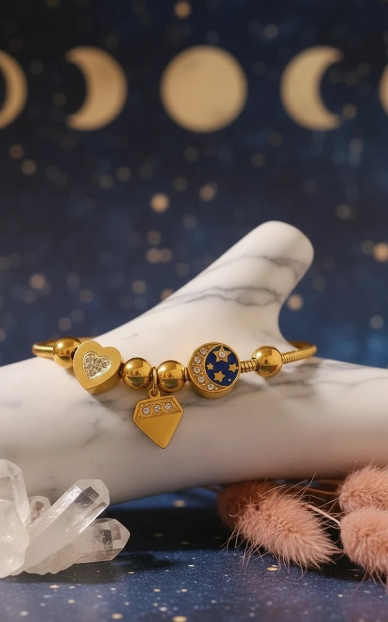 Stainless Steel Rhinestone Charm Bracelet - Velvet Stardust Co.