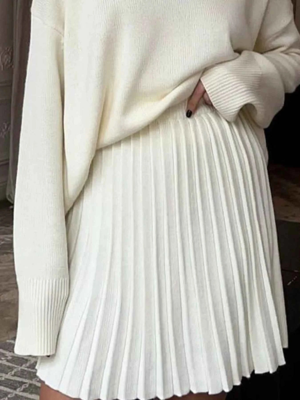 Round Neck Top and Pleated Skirt Sweater Set