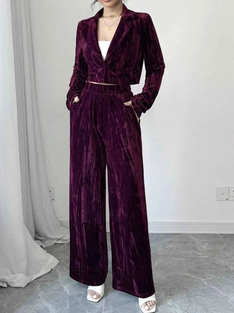 Pleated Velvet Blazer & Wide Leg Pants Set - Velvet Stardust Co.