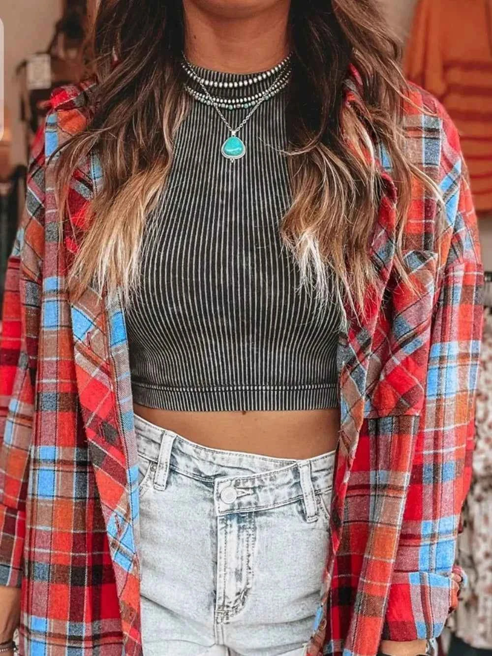 Plaid Collared Neck Long Sleeve Shirt - Velvet Stardust Co.