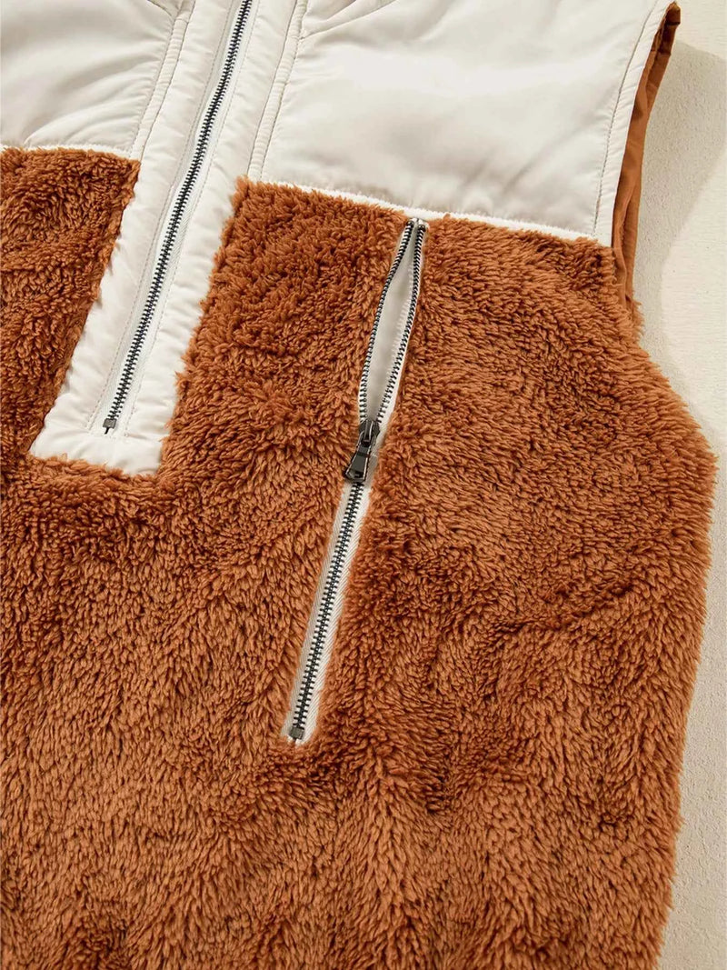 Color Block Plush Patchwork Zipper Stand Neck Vest Coat