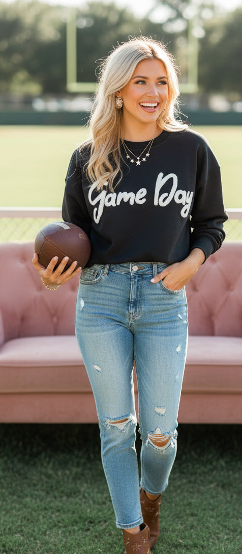 Black Chenille Game Day Graphic Drop Shoulder Sweatshirt - Velvet Stardust Co.