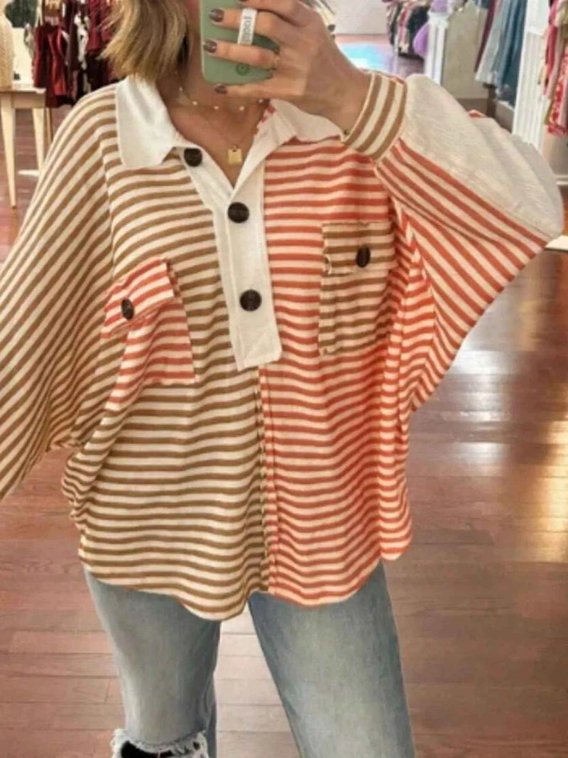 Striped Oversized Half Button Sweatshirt